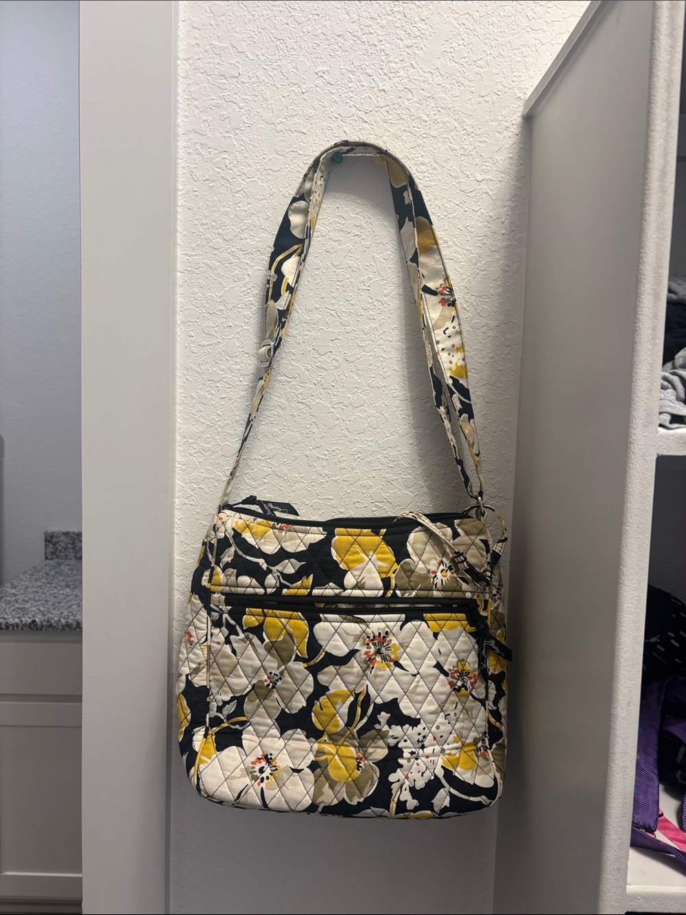 Vera Bradley Quilted Floral Shoulder Bag in Yellow, Black & Cream